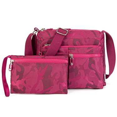 Imagem de ETidy Bolsa tiracolo feminina à prova d'água, leve, casual, bolsa de ombro, Camuflagem rosa vermelha, Medium Size Upgrade