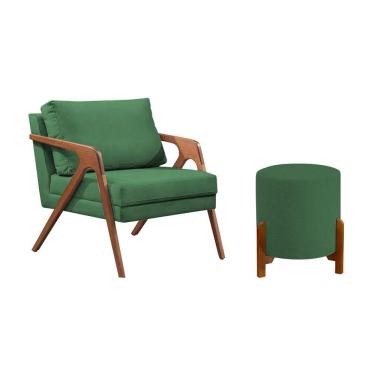Imagem de Conjunto Poltrona Mona Decorativa e Puff Thor Estofado Base Madeira Maciça Linho Verde