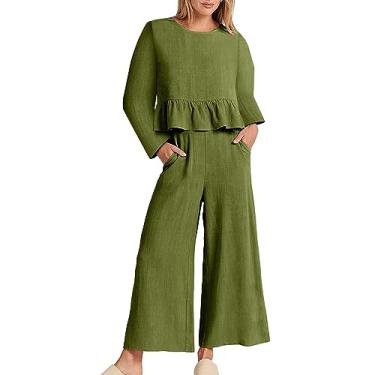 Imagem de Conjunto feminino de verão de 2 peças, de linho, manga curta, conjuntos combinando e calça longa 2024, Zb1-verde, X-Large
