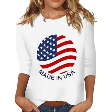 Imagem de Camisetas femininas de verão 4 de julho com bandeira americana manga 3/4 casual patriótico Memorial Day Túnica Blusa de beisebol, Branco, XXG