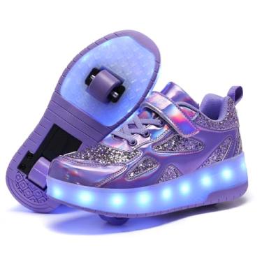 Imagem de GIMKOUNN Tênis feminino com 2 rodas recarregável por USB, patins para iniciantes com 16 modos de luz de LED, para crianças, meninos, calçados estilosos unissex, 01 roxo, 19
