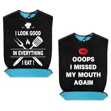Imagem de lasuroa 2 babadores para adultos, babador engraçado para adultos à prova d'água ajustável para comer babadores para idosos protetores de roupas de jantar para idosos homens mulheres