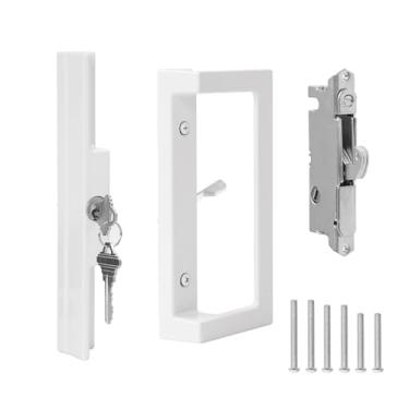 Imagem de MaxxGeek Conjunto de maçanetas deslizantes de pátio com cilindro de chave e trava de encaixe, maçaneta de porta de vidro deslizante com trava para espessura de porta tem espaçamento de 3-3/10.2 cm a