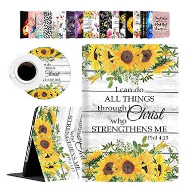 Imagem de Capa para iPad Mini, capa para iPad Mini 1 2 3 4 5 e conjunto de porta-copos para iPad 5/4/3/2/1 - Filipenses 4:13, citações cristãs, escrituras inspiradoras, girassóis amarelo, aquarela floral