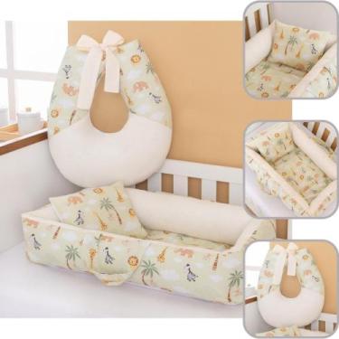 Imagem de Kit Ninho e Almofada Amamentação Berço Bebê Luxo - Criativa, Safari Ve