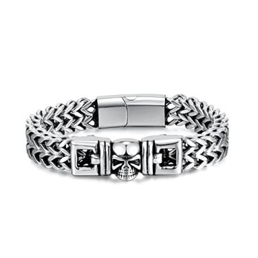 Imagem de Rockyu Pulseira masculina, prata, corrente de aço inoxidável, simples, moderna, pulseira de corrente dupla, pulseira larga, hipoalergênica, 7 inches, Aço inoxidável