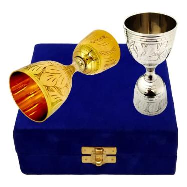 Imagem de Akanksha Arts Par de copos medidores de pinos, jigger, copos de shot EPNS, com caixa gravada em prata e galpão de gravação dourada de 30 ml/60 ml, (28.3 g/56.7 g | Prata e dourada).