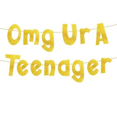 Imagem de Omg Ur A Banner de adolescente, faixa dourada pré-amarrada com glitter de 13 anos, decorações engraçadas de festa de 13 anos para adolescentes meninos meninas adolescentes oficiais, nível 13, 13 anos,