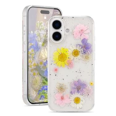 Imagem de EYZUTAK Capa para iPhone 16, capa protetora protetora de TPU em gel de borracha macia com glitter e lantejoulas brilhantes feitas à mão com folhas de flores secas e verdadeiras folhas de cristal