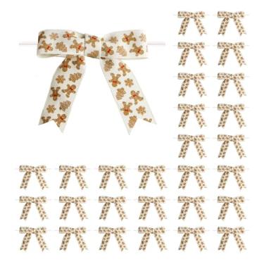 Imagem de Meseey 30 peças de pão de gengibre rosa de 7,6 cm com laços de fita de lona de doces rosa branco Feliz Natal laços torcidos para embrulho de presente de Natal arco de guirlanda DIY suprimentos de
