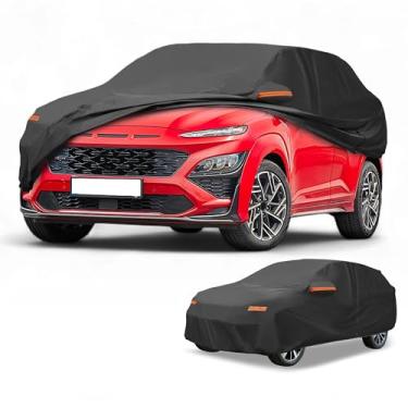 Imagem de Partuto Capa de carro à prova d'água para todos os climas, automotiva, externa, anti-UV, proteção contra chuva e sol, cobertura externa completa para Hyundai Kona, preta com tiras refletoras