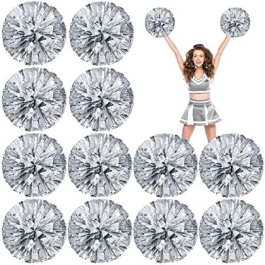 Imagem de Deekin Pacote com 12 pompons de líder de torcida, pompons metálicos com alça de morcego para equipe de torcida e diversão de equipe de torcida para festas, esportes dança alegria, 30 cm, 50 g de peso cada (prata)