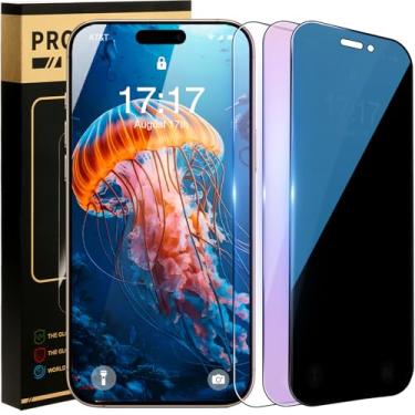 Imagem de BJVVKW Pacote com 3 protetores de tela para iPhone 16 Plus 6,7 polegadas iPhone 14 iPhone 15 iPhone16 Pro Película de cerâmica opcional, roxo fosco privacidade HD transparente, anti-luz azul