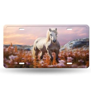 Imagem de Cavalo com crina longa em flores de tremoço ao pôr do sol design elegante capa de placa de licença - etiqueta de carro de alumínio artística, à prova de ferrugem, design exclusivo novidade - 15 x 30