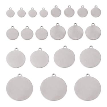 Imagem de Pandahall 100 peças redondas estampadas em branco 7 tamanhos de etiquetas em branco com gravação em aço inoxidável berloques de metal em branco para chaveiro de pescoço para fazer etiquetas de