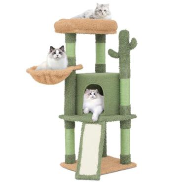 Imagem de Athena Collection Torre de árvore para gatos pequenos com poste para arranhar, condomínio moderno de 106 cm com cesta aconchegante de poleiro, bola pendurada, rampa de escalada para gatinhos, verde