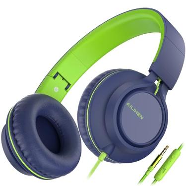 Imagem de Fones de ouvido AILIHEN C8 Supra-auriculares, com microfone e controle de volume, com fio de 3,5 mm para meninos, meninas, smartphones, Chromebook, laptop, tablets, viagens de avião (azul e verde)