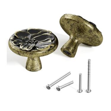 Imagem de Satanga Puxador de armário de flores para gaveta de cozinha, cômoda, guarda-roupa, banheiro e armário, maçanetas de um orifício para meninas, fácil instalação, pacote com 4 peças de latão retrô