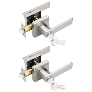 Imagem de Tinewa 2 maçanetas quadradas para porta de entrada com fechadura e chave, puxadores de porta de entrada de níquel escovado, para portas externas ou internas, quarto, escritório, hotel (cada uma com 3