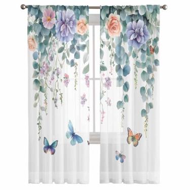 Imagem de EZON-CH Conjunto de 2 painéis de cortinas transparentes, folhas de eucalipto azul, borboleta, flores, cortinas com bolso para varão, decoração para cozinha, quarto, sala de estar, persiana solar, 132