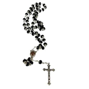 Imagem de Colar banhado a prata com cristal rosário e contas de vidro preto e crucifixo de Jesus e cruz de Jerusalém da Bethlehem Gifts TM