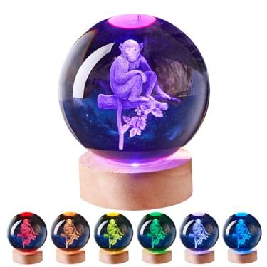 Imagem de Luz noturna de bola de cristal de macaco grande 3D com base de madeira, lâmpada de cristal presente para crianças, esposa e amigos, mudança de cor com controle remoto, lâmpada de esfera de vidro de 8