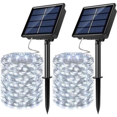 Imagem de Luzes de fada de corda com energia solar aprimoradas da JosMega, pacote com 2 lâmpadas de 8 modos de 100 LEDs à prova d'água IP65 Twinkle Lighting para ambientes internos e externos, luzes de pirilampo, liga/desliga automática (2 pacotes de 100 LED, branco)
