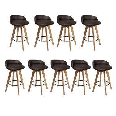 Imagem de Kit 09 Banqueta Alta Com Encosto Berlim Base Giratória Madeira Sintético Marrom - Amey Decor