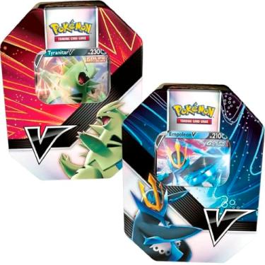 Imagem de 2 Latas Pokémon Combatentes V Empoleon V e Tyranitar V Copag cards cartas em português