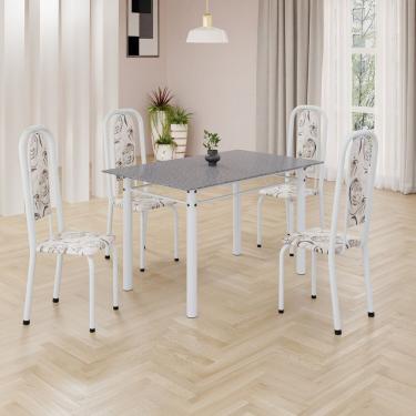 Imagem de Conjunto De Mesa Retangular 120x75cm Tampo Granito Ocre 4 Cadeiras Lavínea Arabesco Branco
