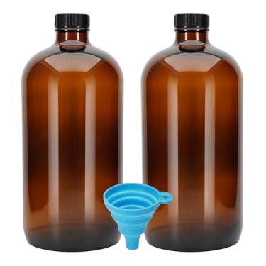 Imagem de eispap 2 garrafas Boston de vidro âmbar de 947 ml com tampas de cone de poliéster fenólico. Garrafas de vidro perfeitas para laboratório, fermentação, armazenamento de kombucha, preparação e suco.