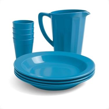 Imagem de Kit Plástico 1 Jarra 1,7L + 4 Pratos + 4 Copos 200Ml Conjunto Mesa Para Festas Creches Escolas Infantil (Azul)