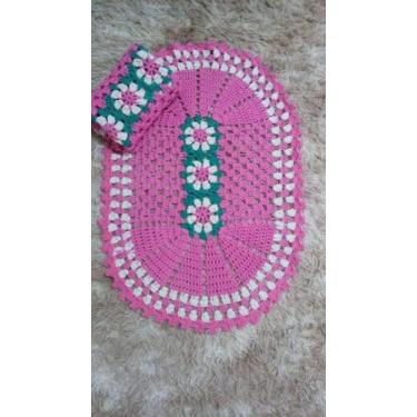 Imagem de Tapete crochê bordado verde com rosa e branco - Sublime idea