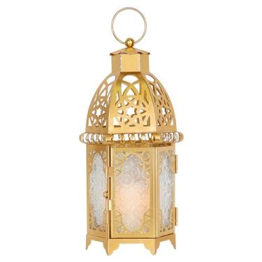 Imagem de DECORKEY Lanternas marroquinas decorativas internas e externas, 28 cm tamanho médio dourado metal pendurado e suporte de vela de mesa, decorações de Halloween Natal Ramadã para varanda e pátio