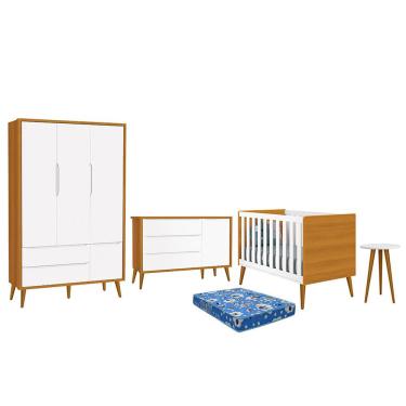 Imagem de Dormitório Infantil Theo Retrô 3 Portas, Cômoda 1 Porta, Berço, Mesa de Apoio com Pés Amadeirado e Colchão - Reller Móveis Branco/Savana