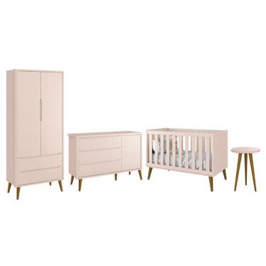 Imagem de Dormitório Infantil Theo Retrô 2 Portas, Cômoda 1 Porta, Berço e Mesa de Apoio com Pés Amadeirado - Reller Móveis Rosa Fosco