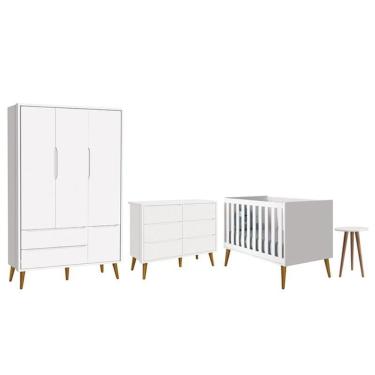 Imagem de Dormitório Completo Infantil Theo 3 Portas, Cômoda 6 Gavetas, Berço e Mesa de Canto com Pés Amadeirado - Reller Móveis Branco Fosco