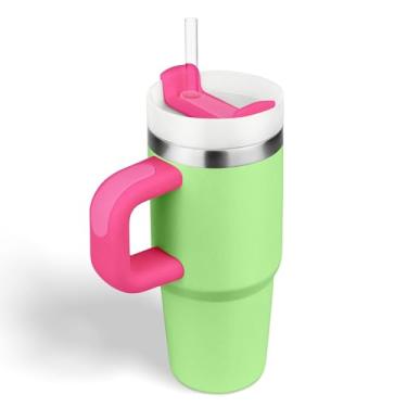 Imagem de BAISHIDA Copo de 400 ml com alça e canudo, xícara de café pequena de 400 ml com tampa e canudo copos de aço inoxidável, copo de presente para esportes ao ar livre, viagem, escola (GreenBarbie)