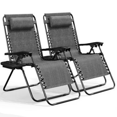 Imagem de Nestl Conjunto de 2 cadeiras de gravidade zero, espreguiçadeira de pátio ao ar livre com travesseiros e bandejas de suporte de copo, cadeira de acampamento reclinável de malha de aço ajustável
