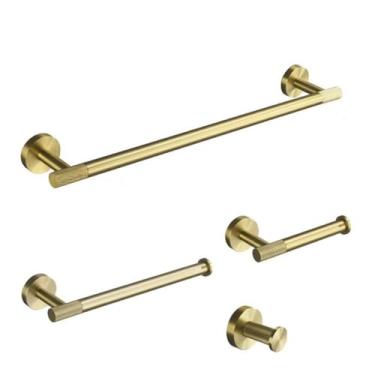 Imagem de Conjunto de acessórios para banheiro de parede em aço inoxidável dourado escovado - Suporte para toalha, suporte para papel higiênico, gancho para roupão, saboneteira (conjunto de 4 peças, 450 mm