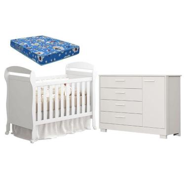 Imagem de Kit Berço Americano Danny e Cômoda Infantil Zaki em MDF com Colchão Incluso Branco Acetinado