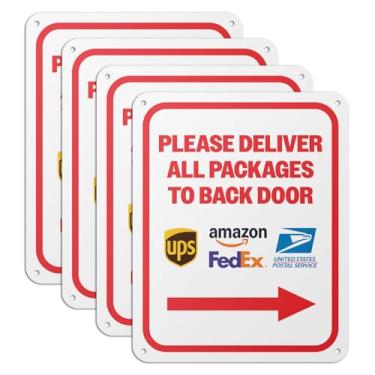 Imagem de 101SIGNCITY - 20 x 25 cm, 4 unidades, placa de entrega de embalagem de alumínio - Por favor, entregue todos os pacotes na placa da porta traseira com película protetora para uso ao ar livre