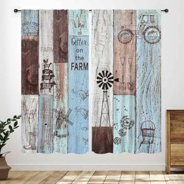 Imagem de Cortinas de cozinha de fazenda, estilo rural vintage, animais de fazenda, galinha, vaca, porco, moinho de vento de madeira, retrô, azul, estilo rural, tratamentos de janela para quarto, sala de estar