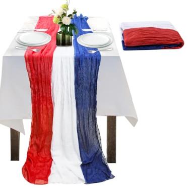 Imagem de Jeyeou Caminho De Mesa Gaze 4 Julho, Vintage Vermelho, Branco E Azul Para O Dia Da Memória, Independência Do Trabalho, Veteranos, Decoração Festa Patriótica Sala Jantar Interna Externa, 118 Polegada