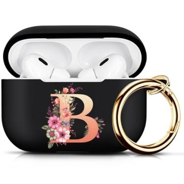 Imagem de Koujaon Capa de silicone compatível com AirPods Pro 2 para AirPod Pro 2ª geração com símbolo de letras de flores, capa Airpods Pro com chaveiro (Preto-B)