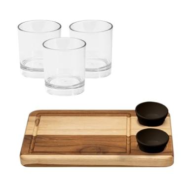 Imagem de Conjunto Kit Wooden Glow Tábua Retangular Corte Churrasco Frios Madeira Acompanha Ramequim Com 3 Taças de Vinho Ou 3 Copos Whisky (2, Preto - Whisky)
