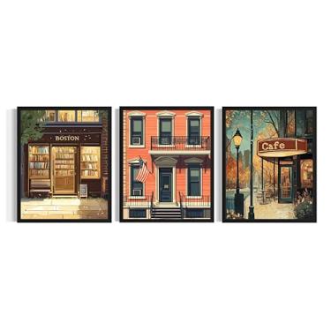 Imagem de Pôster impresso de arte Boston Massachusetts, (conjunto de 3) livraria vintage café leitura livros pintura de arte de parede para sala de estar escritório decoração AAA15 (Boston Massachusetts, 20 x