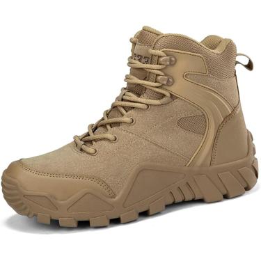 Imagem de Botas militares táticas de couro de camurça masculina, calçados esportivos confortáveis ​​para caminhada, botas de combate respiráveis, cáqui, 10,5 Reino Unido