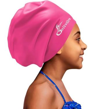 Imagem de Touca de natação extra grande para crianças negras de 4 a 16 anos com tranças de cabelo longo, chapéu de natação de silicone impermeável, turbante, proteção de cabelo para meninos, crianças e jovens