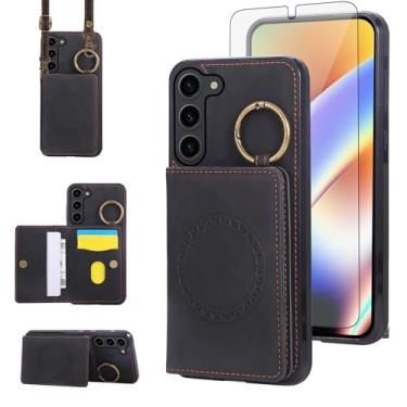 Imagem de Capa carteira compatível com Samsung Galaxy S23 Plus S23+ 5G e protetor de tela, alça de ombro transversal, suporte magnético para celular para S23plus 23S + S 23 23+ SM-S916U feminino masculino preto